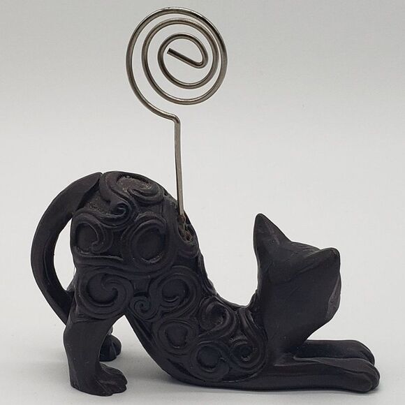 Deep Brown Resin Scroll Design Stretching Cat Swirl Wire Card Photo Holder - Picture 7 of 9